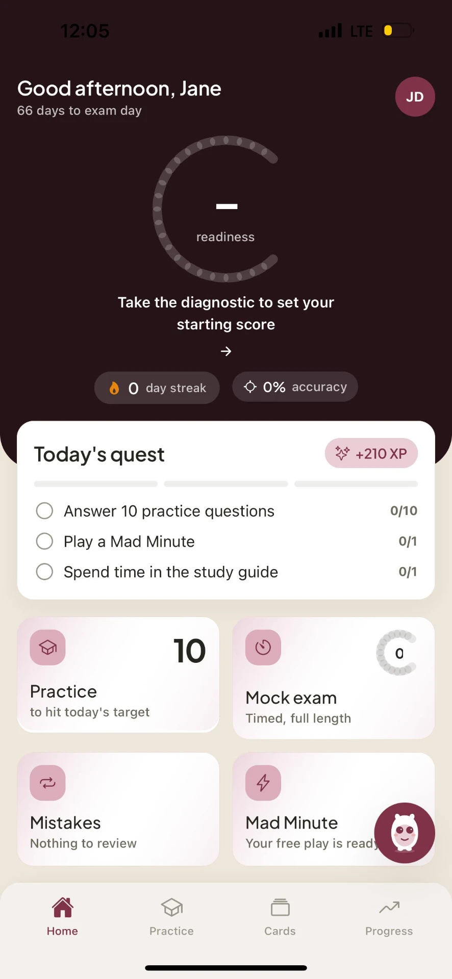 MFT app home screen with readiness ring and today's quest