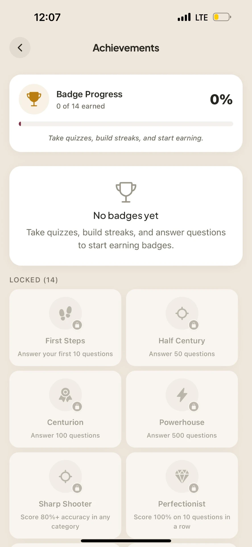 MFT achievements screen with badge progress