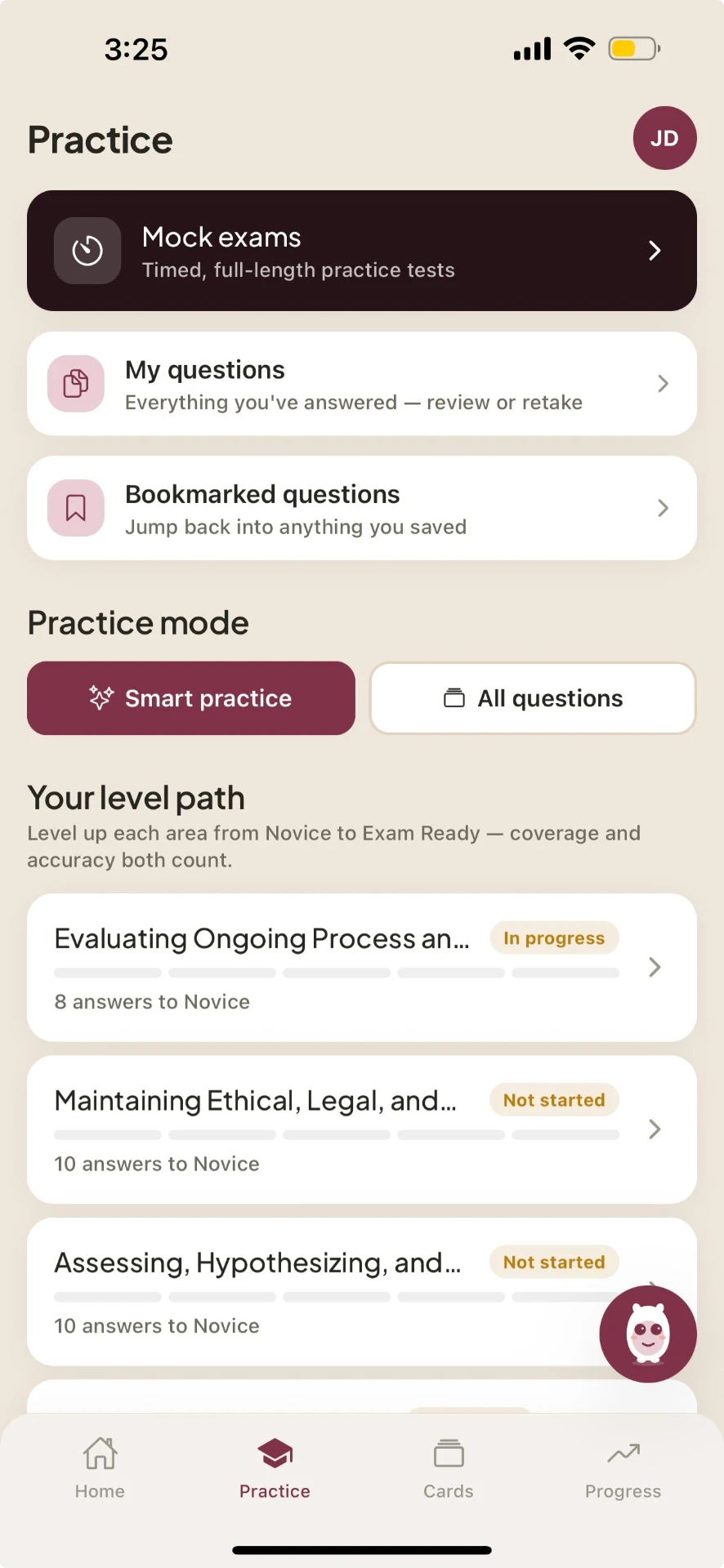 Practice by topic — the MFT level path from Novice to Exam Ready