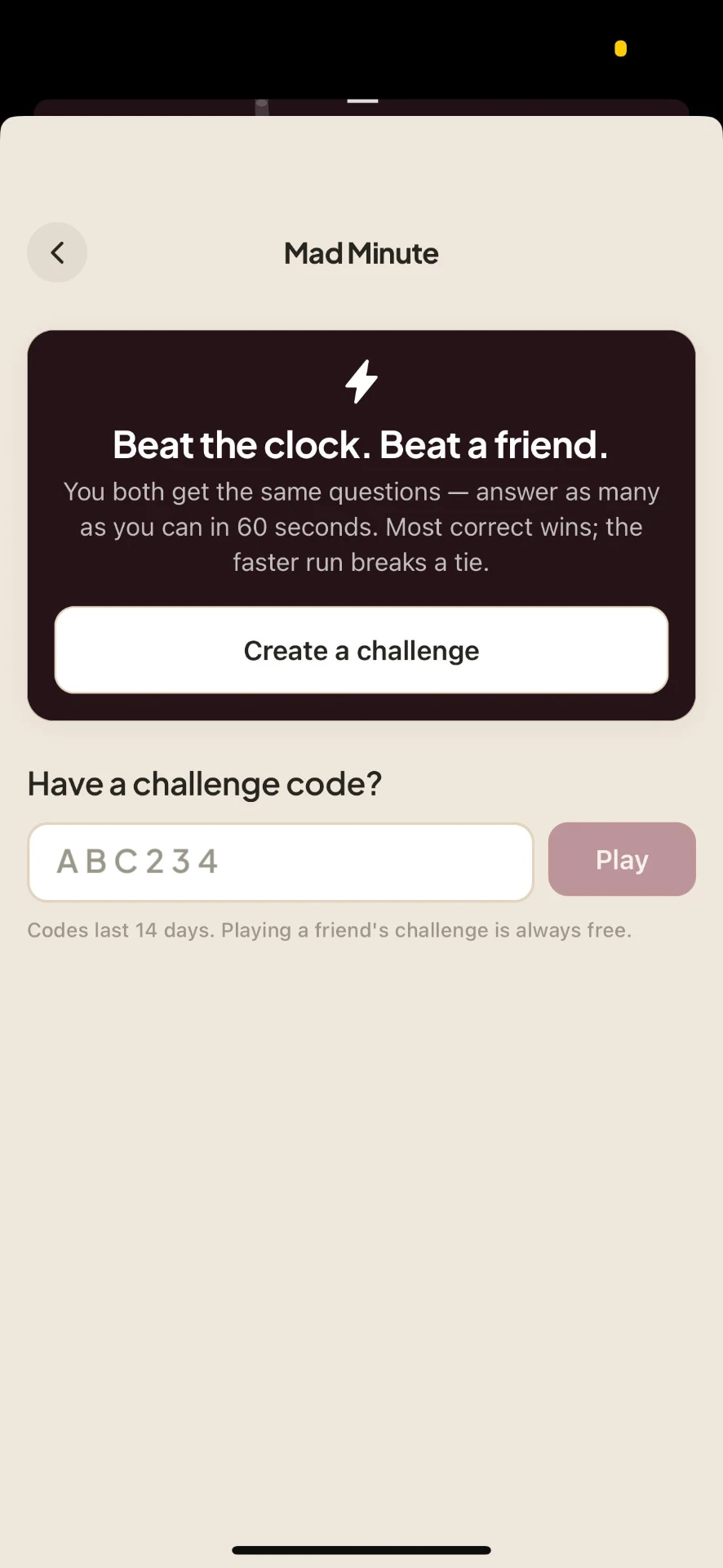 Mad Minute lobby — beat the clock and create a challenge